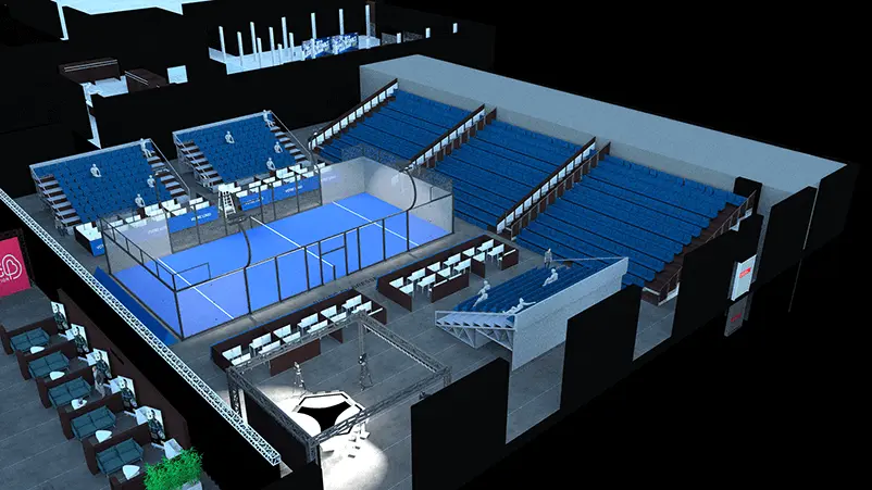 Vue d'ensemble de l'aménagement des courts de padel pour les CUPRA FIP FINALS à Ainterexpo, Bourg-en-Bresse.